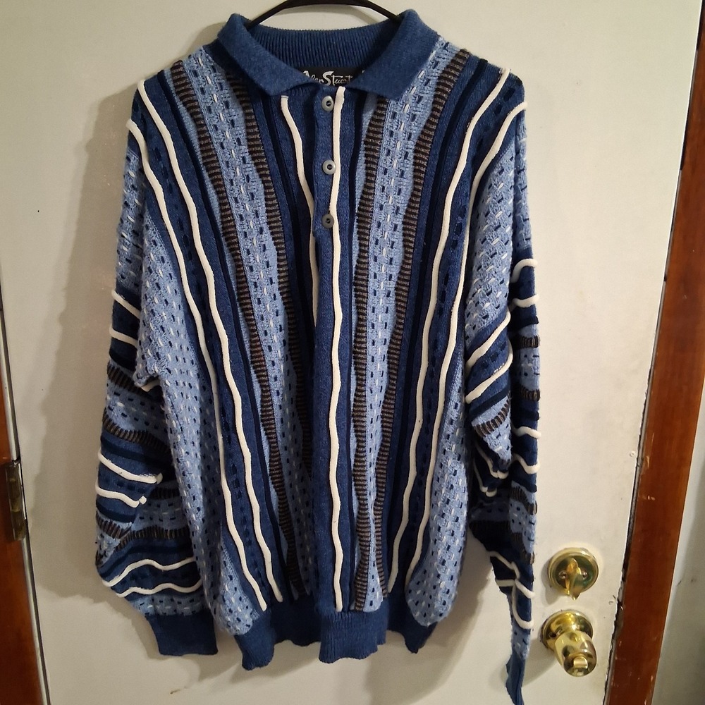 VTG 90's Coogi Style Sweater Men's Large Blue Tones 3D  Knit Hippie‎ Boho Hiphop